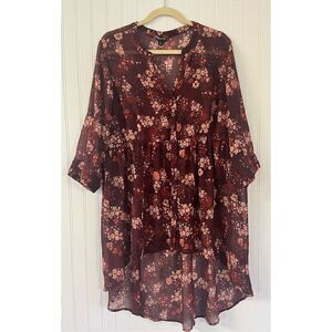 Torrid sheer blouse maroon floral button front sz 2